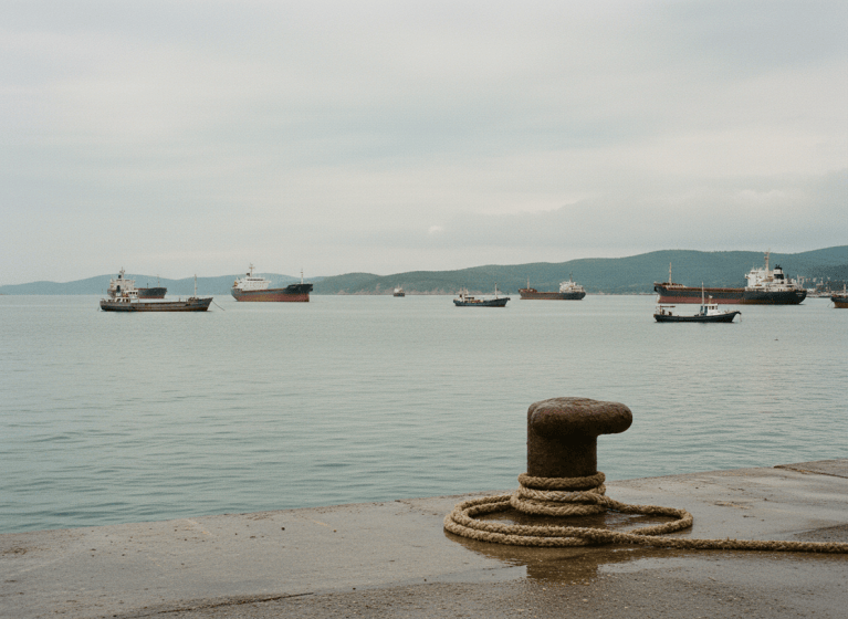 Cargo ships at anchor off a Black Sea port in Türkiye