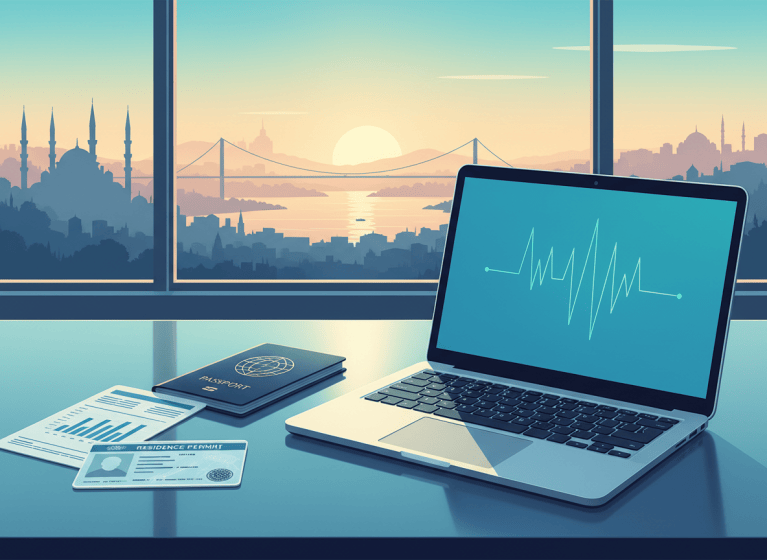 Proof of income documents for foreigners in Türkiye: residence permit card, passport and bank statement on a desk with the Istanbul skyline
