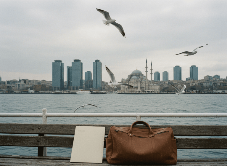 View of Istanbul from a Bosphorus ferry with a travel bag on a bench