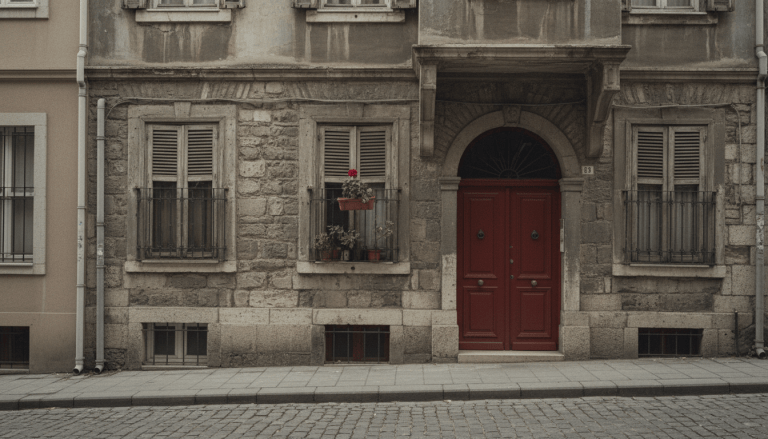 Old residential apartment building in Istanbul with a red front door