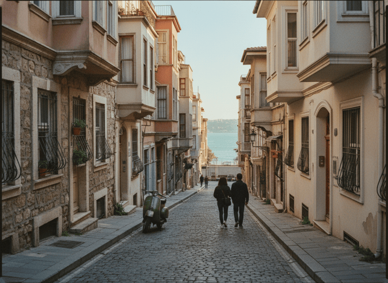 Quiet cobblestone street in Karaköy, Istanbul, on a sunny morning