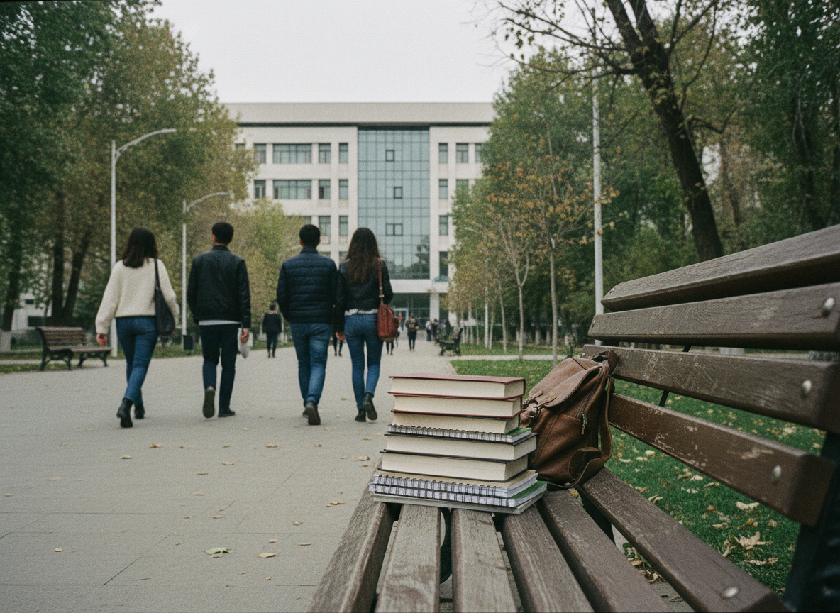 Taşkent'te bir üniversite binası ve öğrenciler