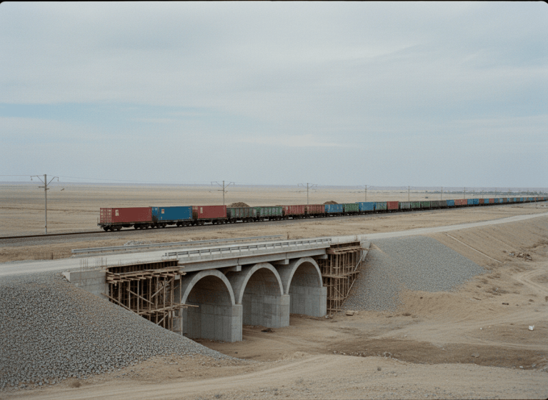 Özbekistan ovasında konteyner taşıyan yük treni