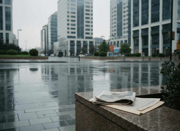 Rain-soaked business street in Istanbul with financial papers in the foreground