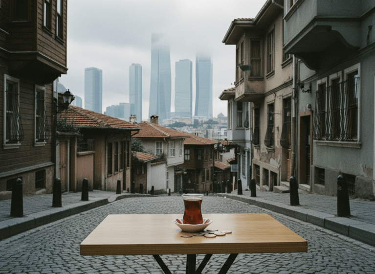 Istanbul Levent skyline seen from a cobbled street with Turkish tea on a cafe table