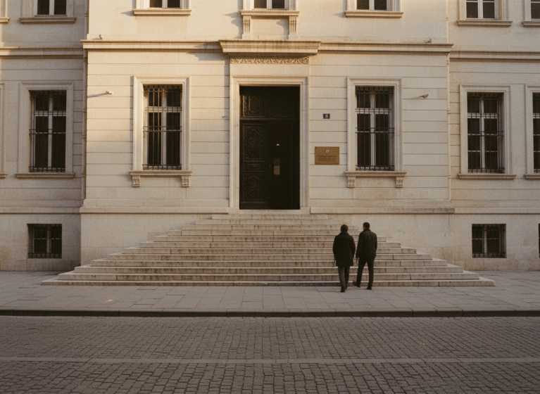 Stone government office building on an Istanbul street at golden hour