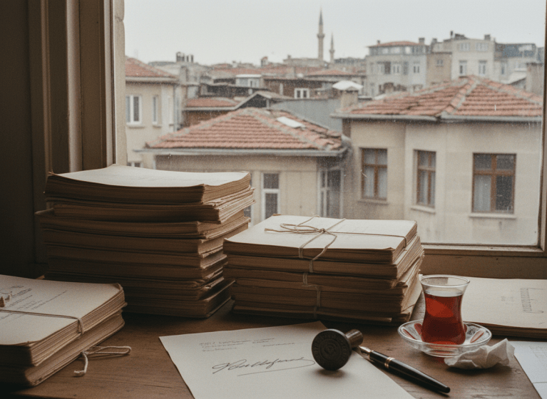 Desk with financial reports, an official stamp and a pen in an Istanbul office